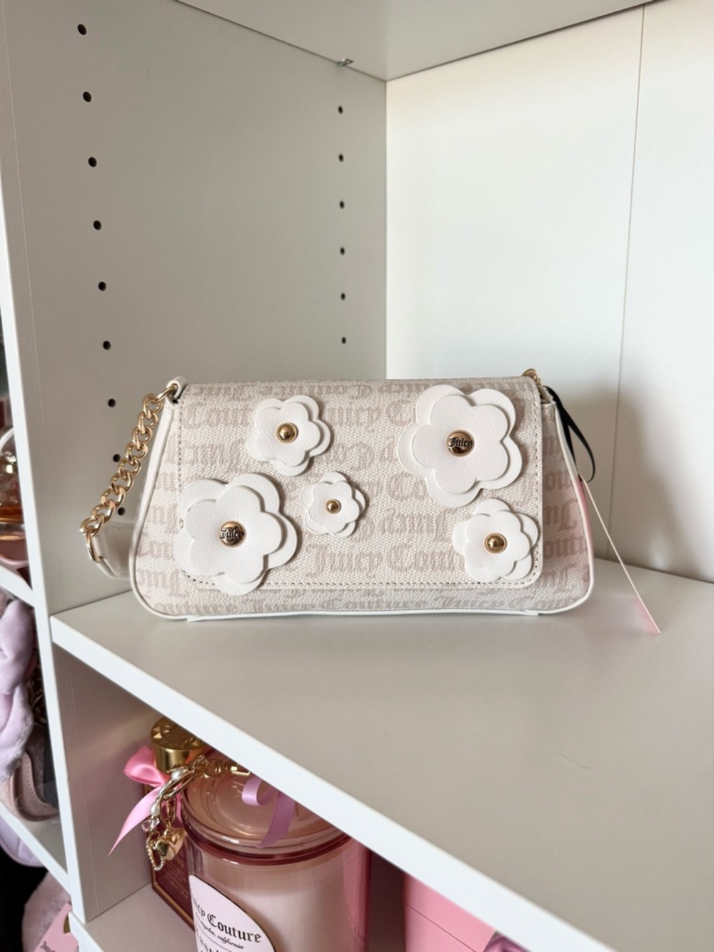 Juicy Couture “Bouquet” White Floral Applique Shoulder Bag with Gold Chain